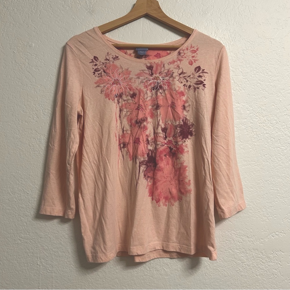 Laura Scott Pink Floral Beaded 3/4 Sleeve Shirt, Size M